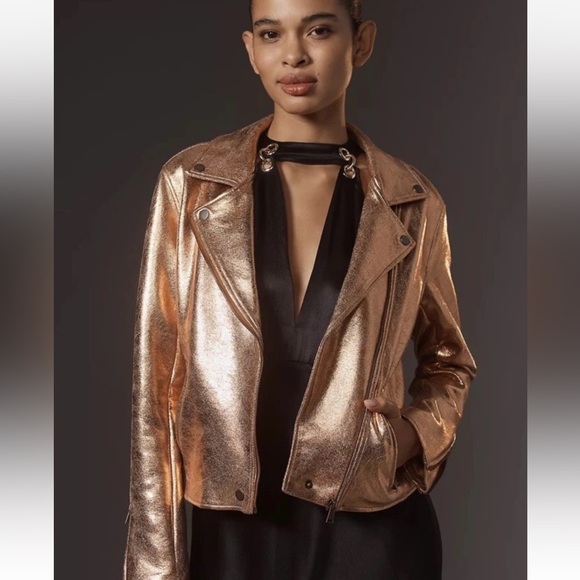 Anthropologie The Saige Metallic Faux Leather Moto Jacket Rose Gold